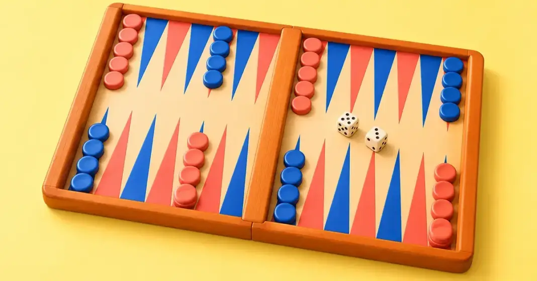Värikäs backgammon-lauta, jolla on punaisia ja sinisiä pelinappuloita sekä kaksi noppaa keltaisella taustalla.
