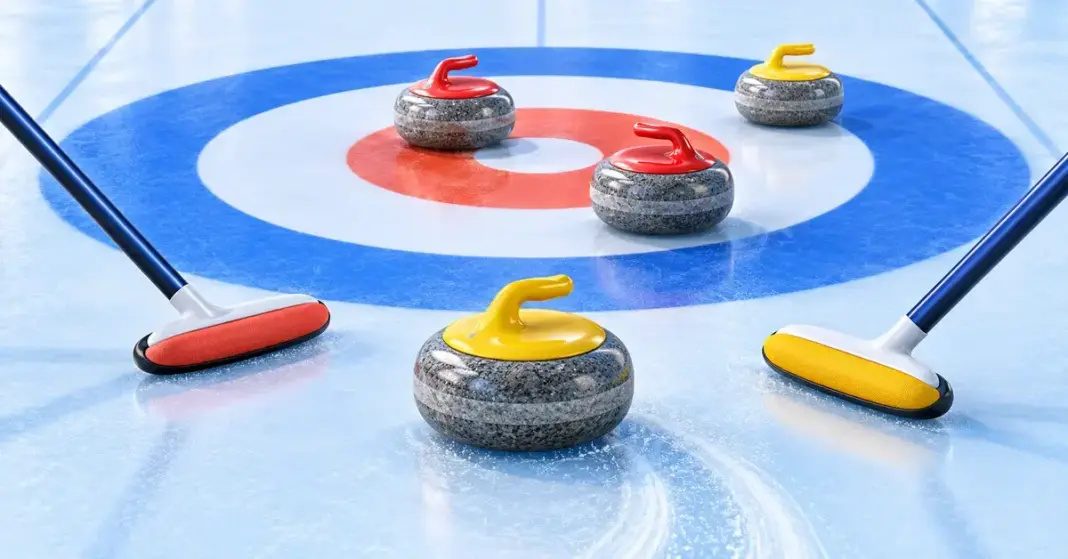 Leikkisässä curling-kuvituksessa puna- ja keltakahvaiset kivet ovat jääradan maalialueella ja sen edustalla kahden harjan välissä.