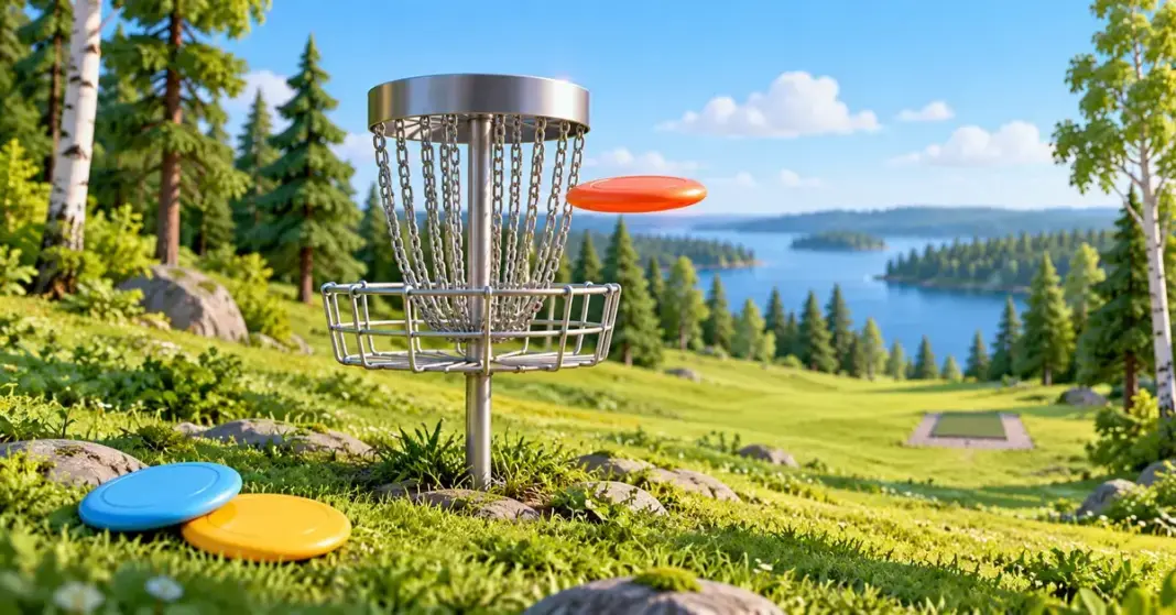 Oranssi frisbeegolfkiekko lentää kohti maalikoria aurinkoisella metsäisellä radalla, ja sininen sekä keltainen kiekko lepäävät nurmikolla.
