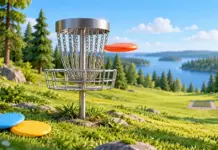 Frisbeegolf säännöt aloittelijalle – radan kulku ja perusheitot Oranssi frisbeegolfkiekko lentää kohti maalikoria aurinkoisella metsäisellä radalla, ja sininen sekä keltainen kiekko lepäävät nurmikolla.
