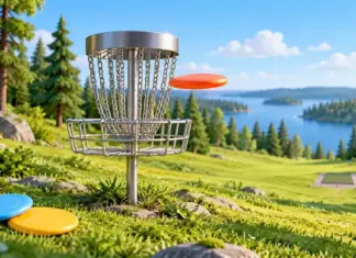 Frisbeegolf säännöt aloittelijalle – radan kulku ja perusheitot Oranssi frisbeegolfkiekko lentää kohti maalikoria aurinkoisella metsäisellä radalla, ja sininen sekä keltainen kiekko lepäävät nurmikolla.