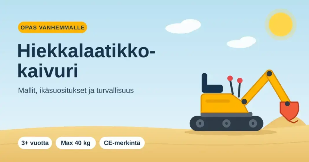 Keltainen leluistuinkaivuri hiekassa ja otsikko "Hiekkalaatikkokaivuri" sekä pikafaktat: 3+ vuotta, max 40 kg ja CE-merkintä.