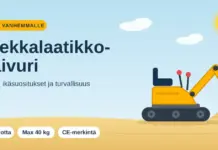 Hiekkalaatikko kaivuri – opas vanhemmalle ostoon ja käyttöön Keltainen leluistuinkaivuri hiekassa ja otsikko "Hiekkalaatikkokaivuri" sekä pikafaktat: 3+ vuotta, max 40 kg ja CE-merkintä.