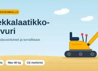 Hiekkalaatikko kaivuri – opas vanhemmalle ostoon ja käyttöön Keltainen leluistuinkaivuri hiekassa ja otsikko "Hiekkalaatikkokaivuri" sekä pikafaktat: 3+ vuotta, max 40 kg ja CE-merkintä.