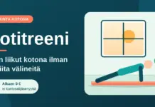 Kotitreeni – näin liikut kotona ilman kalliita välineitä Kotitreeni-otsikko ja kuvitus, jossa hahmo tekee lankkua jumppamatolla valoisassa kodissa ikkunan, kasvin ja juomapullon vieressä.