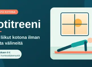 Kotitreeni – näin liikut kotona ilman kalliita välineitä Kotitreeni-otsikko ja kuvitus, jossa hahmo tekee lankkua jumppamatolla valoisassa kodissa ikkunan, kasvin ja juomapullon vieressä.