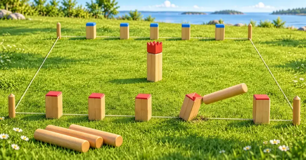 Värikkäät puiset kubb-palikat ja punakruunuinen kuningas nurmikentällä, jossa heittokapula kaataa yhtä palikkaa.