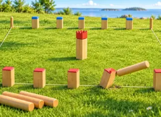 Kubb säännöt – näin viikinkishakkia pelataan pihalla Värikkäät puiset kubb-palikat ja punakruunuinen kuningas nurmikentällä, jossa heittokapula kaataa yhtä palikkaa.