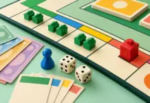 Monopoli säännöt – näin klassikkolautapeliä pelataan Värikkäällä pelilaudalla on vihreitä taloja, punainen hotelli, kaksi noppaa, sininen pelinappula sekä pelirahaa ja kiinteistökortteja.