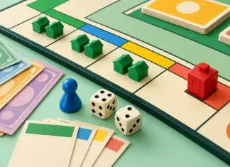 Monopoli säännöt – näin klassikkolautapeliä pelataan Värikkäällä pelilaudalla on vihreitä taloja, punainen hotelli, kaksi noppaa, sininen pelinappula sekä pelirahaa ja kiinteistökortteja.