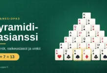Pyramidi-pasianssi – säännöt, vaikeustasot ja vinkit Pelikortit ladottuna pyramidiksi vihreällä pöydällä, kaksi korttia, kuutonen ja seiska, korostettuna, sekä otsikko Pyramidi-pasianssi ja teksti Säännöt, vaikeustasot ja vinkit.