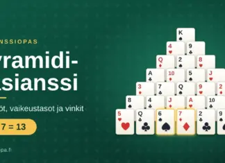 Pyramidi-pasianssi – säännöt, vaikeustasot ja vinkit Pelikortit ladottuna pyramidiksi vihreällä pöydällä, kaksi korttia, kuutonen ja seiska, korostettuna, sekä otsikko Pyramidi-pasianssi ja teksti Säännöt, vaikeustasot ja vinkit.