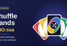 Shuffle Hands UNO:ssa – mitä kortti tarkoittaa ja miten sitä pelataan Neljä värikästä pelikorttia levitettynä viuhkaksi ja keskellä villikortti, jossa on sekoitusta kuvaava nuolisymboli, sekä otsikko Shuffle Hands UNO:ssa.