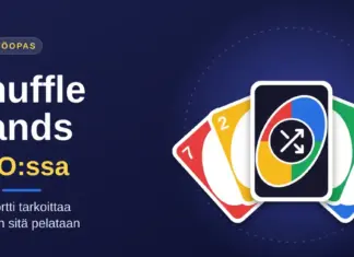 Shuffle Hands UNO:ssa – mitä kortti tarkoittaa ja miten sitä pelataan Neljä värikästä pelikorttia levitettynä viuhkaksi ja keskellä villikortti, jossa on sekoitusta kuvaava nuolisymboli, sekä otsikko Shuffle Hands UNO:ssa.