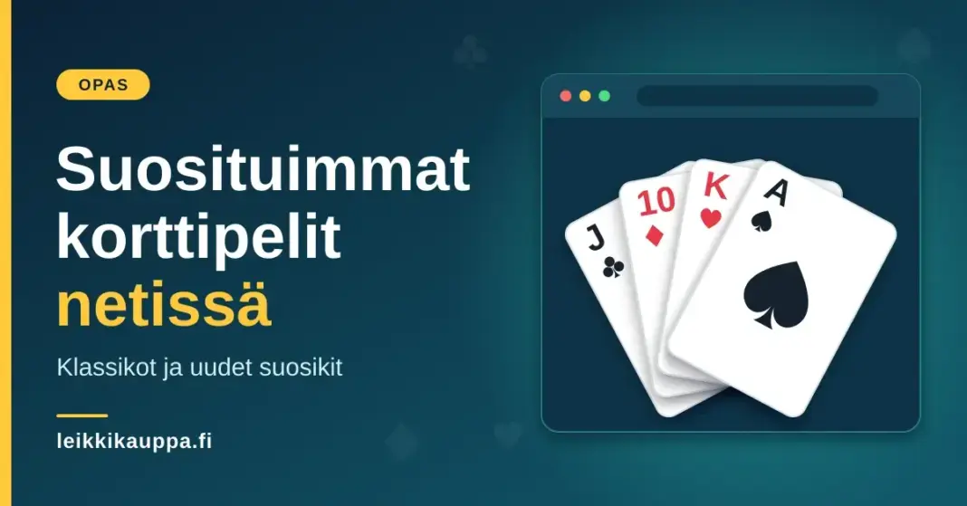 Suosituimmat korttipelit netissä – klassikot ja uudet suosikit Neljän pelikortin viuhka selainikkunassa sekä otsikko "Suosituimmat korttipelit netissä" tummansinisellä taustalla.