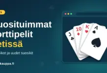 Suosituimmat korttipelit netissä – klassikot ja uudet suosikit Neljän pelikortin viuhka selainikkunassa sekä otsikko "Suosituimmat korttipelit netissä" tummansinisellä taustalla.