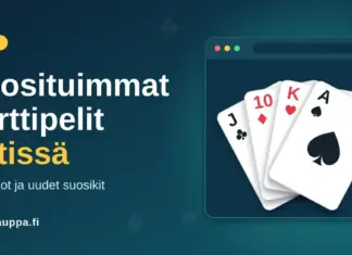 Suosituimmat korttipelit netissä – klassikot ja uudet suosikit Neljän pelikortin viuhka selainikkunassa sekä otsikko "Suosituimmat korttipelit netissä" tummansinisellä taustalla.